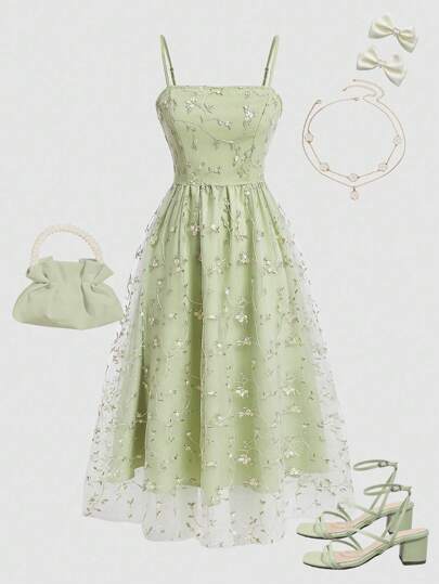 SHEIN Girlism Tween Girl Elegant Light Green Floral Embroidery Splicing Mesh Cami Midi Dress Graduation Dress