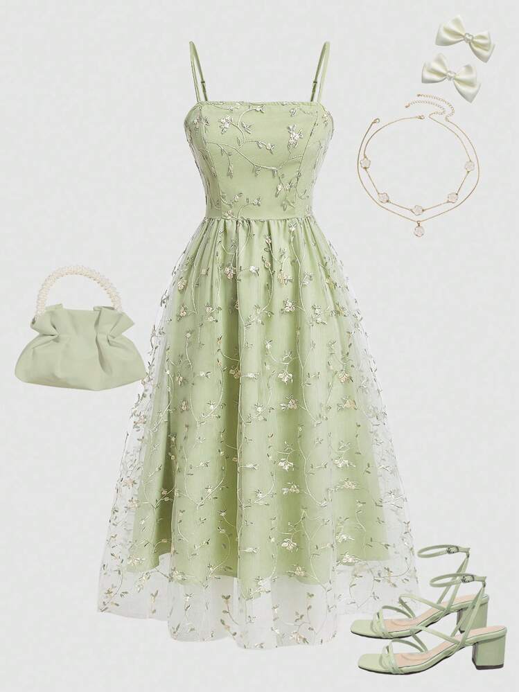 SHEIN Girlism Tween Girl Elegant Light Green Floral Embroidery Splicing  Mesh Cami Midi Dress Graduation Dress | SHEIN USA