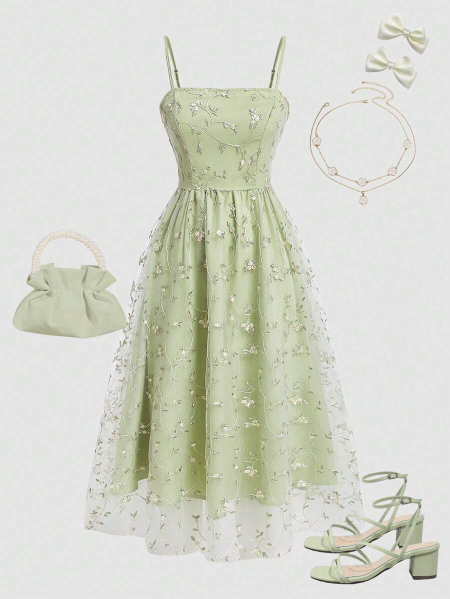 SHEIN Girlism Tween Girl 优雅浅绿色花卉刺绣拼接网眼吊带中长连衣裙 - 綠色 - 查看 1