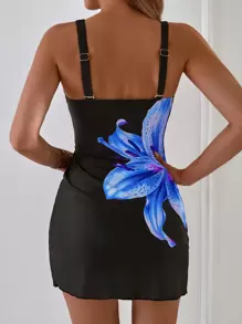 女士优雅简约印花侧抽绳泳衣裙和纯色高腰三角比基尼泳裤，女士沙滩装 - 彩色 - 查看 2