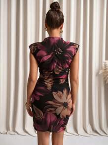 SHEIN Clasi Women's Floral Printed Padded Shoulder Ruched Bodycon Mini Dress