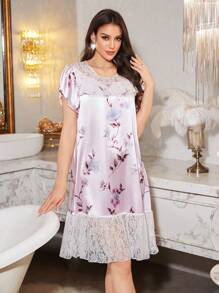 Elegant Floral Print Lace Trim Women's Nightgown - Multicolor - View 6