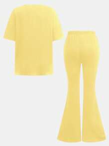 SHEIN 2pcs/Set Tween Girls Casual Minimalist Short Sleeve Top & Long Pants Set, Suitable For Summer