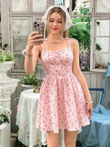 SHEIN 少女优雅碎花图案细肩带蝴蝶结中长连衣裙