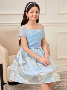 SHEIN Leap Crew Tween Girl's Elegant Off-Shoulder Blouse With Floral Print Skirt 2 Pieces Set - White - View 3