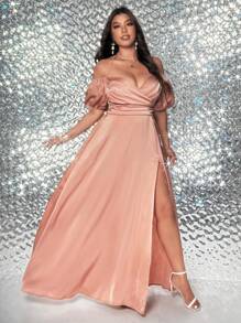 Viva Relle Plus Size Woven Elegant Sexy Ruffle Slit Cami Dress - Pink - View 4