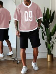 Manfinity Homme Men's Contrast Color Number V-Neck Knit Short Sleeve Top, Spring & Summer Men Mesh Shirt Men Mesh Shirt Number Shirts Men Mesh Top - Pink - View 3