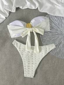 SHEIN Jacquard Knit Bandeau Bikini Top And Shorts 2 Pieces Swimwear, Women Beach Summer Vacation Swimwear Set