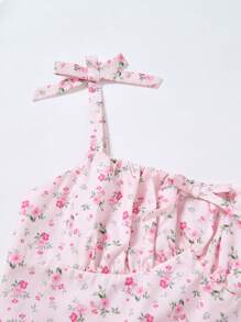 SHEIN 少女优雅碎花图案细肩带蝴蝶结中长连衣裙