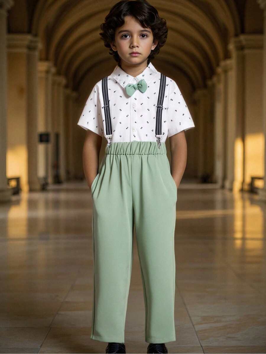 Boys Front Button Shirt And Bib Overalls 2Pcs Gentlemen Outfit Set - Multicolor - View 1