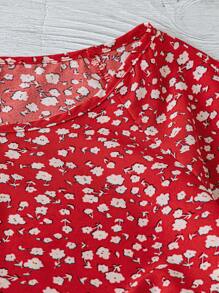 SHEIN LUNE Áo sơ mi tay raglan cổ tròn in họa tiết toàn thân cỡ lớn dành cho nữ - Đỏ - Xem 5