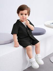 SHEIN Baby Boy/Girl Simple Solid Color Short Sleeve Blazer Jacket & Elastic Waist Shorts Set, Casual Korean Style, Suitable For Summer