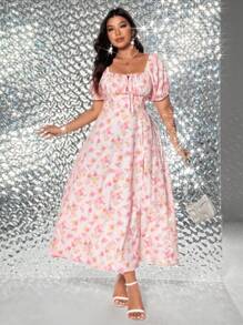 Viva Relle Plus Size Elegant Floral Print High Slit Dress - Pink - View 4