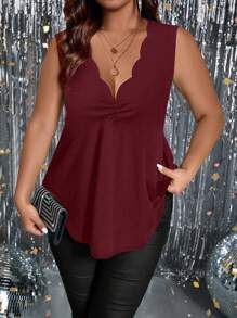 SHEIN Clasi Women's Versatile Waist Cinched Ruched Floral Collar Knit Tank Top - Burgundy - View 1