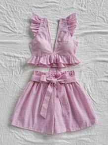 Soleia 2 件套女士休闲条纹荷叶边下摆吊带背心和短裤套装 - 彩色 - 查看 4