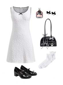 SHEIN Teen Girls' Elegant V-Neck Color Block Ruffle Bow Decor Dress - White - View 2