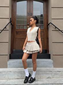 SHEIN EZwear Ensemble 2 pièces pour femmes avec Top sans manches col V unicolore et jupe