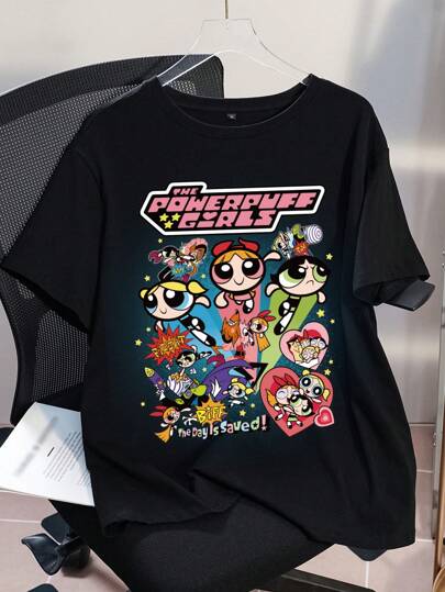 THE POWERPUFF GIRLS X SHEIN 大码夏季宽松花朵、泡泡、毛茛图案 T 恤