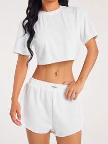 Hanevo 1 pieza Camiseta suelta y corta para mujer, 2 piezas Conjunto de ropa de moda y minimalista - Blanco - Ver 5