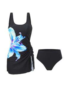 女士优雅简约印花侧抽绳泳衣裙和纯色高腰三角比基尼泳裤，女士沙滩装 - 彩色 - 查看 4