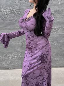 Feyla Women's Elegant Purple Knitted Maxi Dress With V-Neck, Long Bell Sleeves, And Ruffle Detail - Purple - View 4