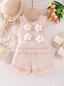 SHEIN Bộ 2 món áo len móc và quần đùi cho bé gái, viền ren hoa, màu be, trang phục đi nghỉ mùa hè thoáng khí, dễ thương và sống động - Màu be - Xem 5