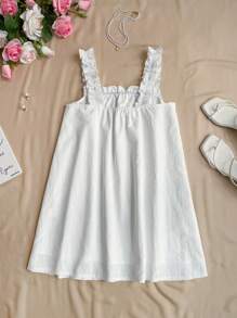 Flirla Vacation Style Simple Ruffle Strap Solid Color Collared A-Line Mini Dress, Summer