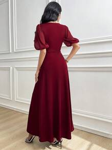 Modelyn Vestido elegante y lujoso con mangas abullonadas y dobladillo acampanado para mujeres - Rojo - Ver 6