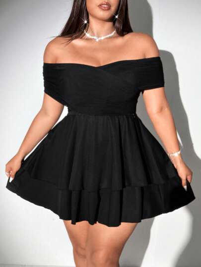 Viva Relle Vestido simple de unicolor y escote off-shoulder de talla grande, apropiado para el verano