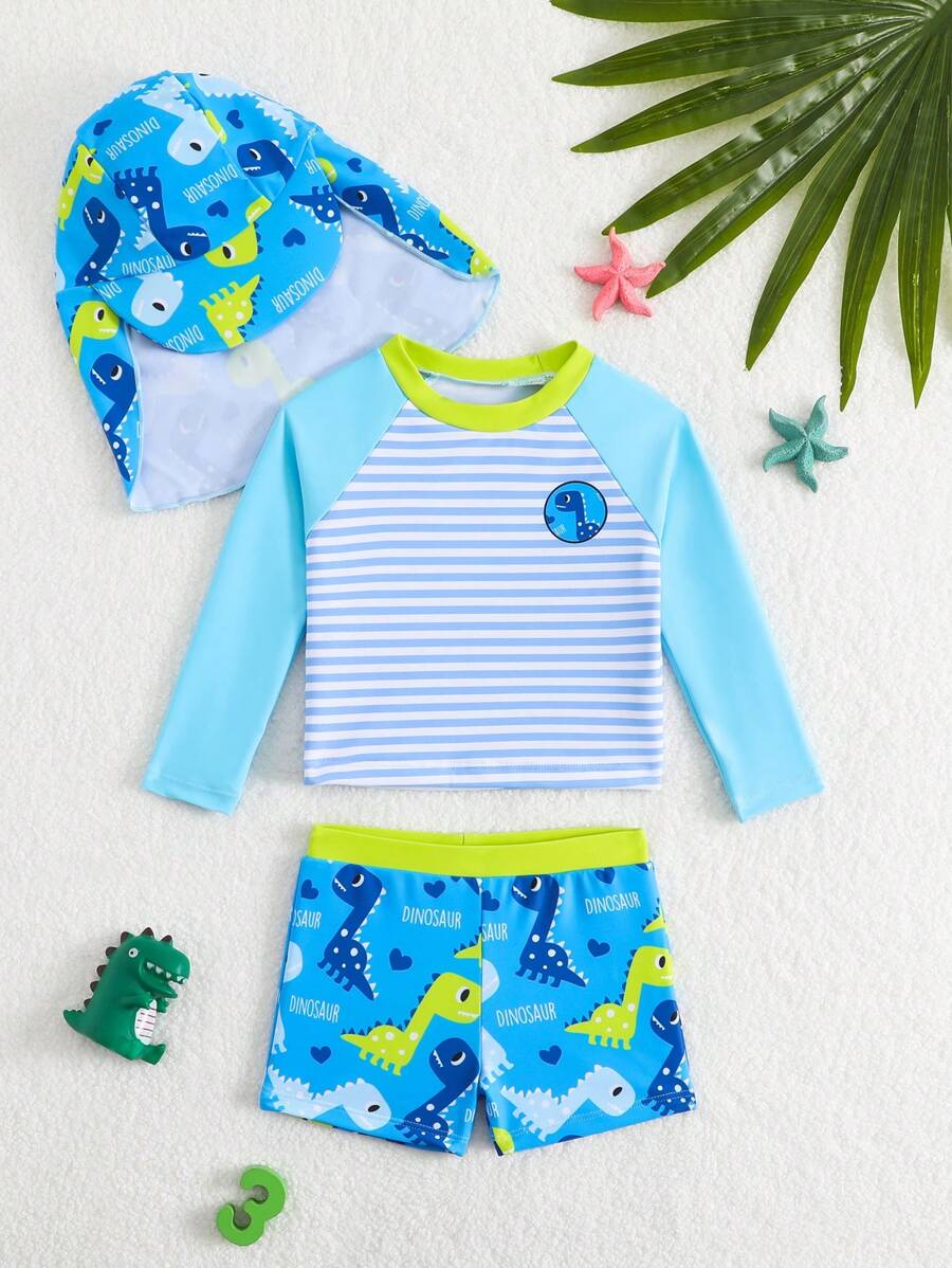 Baby Boy Swimming Suit Set: Top With Fixed Print, Bottom With Random Print + Swimming Cap - Multicolor - View 1