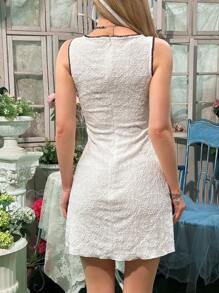 SHEIN Teen Girls' Elegant V-Neck Color Block Ruffle Bow Decor Dress - White - View 3