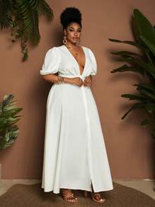 Maweii Robe élégante romantique à volants torsadés col en V fendue, manches lanternes, grande taille