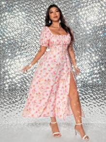 Viva Relle Plus Size Elegant Floral Print High Slit Dress - Pink - View 6