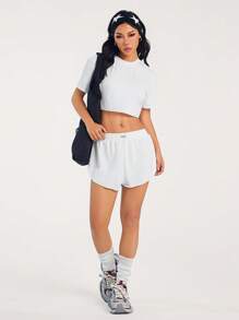 Hanevo 1 pieza Camiseta suelta y corta para mujer, 2 piezas Conjunto de ropa de moda y minimalista - Blanco - Ver 4