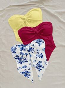 Soleia Set de 3 blusas informales con estampado floral para mujer de talla grande, en colores amarillo suave, morado oscuro y azul, adecuadas para el verano