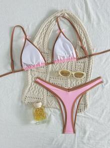 SHEIN Women's Spring Break Spaghetti Strap Triangle Bowknot Bikini Top And High Cut Bottoms, Summer Beach Swimming Vacation Set - Pink - View 2