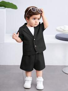 SHEIN Baby Boy/Girl Simple Solid Color Short Sleeve Blazer Jacket & Elastic Waist Shorts Set, Casual Korean Style, Suitable For Summer