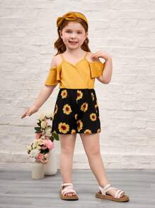 SHEIN Young Girl Solid Color Open Shoulder Patchwork Sunflower Print Romper