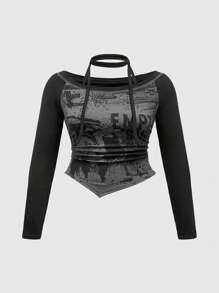 ROMWE Grunge Punk Plus Size Women Y2K Style Off Shoulder Tie Decor Eye Butterfly Silhouette Pattern T-Shirt, Concert - Black - View 1