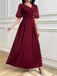 Modelyn Vestido elegante y lujoso con mangas abullonadas y dobladillo acampanado para mujeres - Rojo - Ver 3