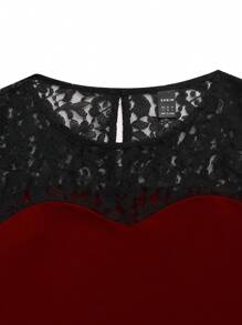 SHEIN Clasi Vintage Lace Patchwork Flare Party Dress, New Sexy Retro Long Sleeve Lace Splicing Flare Dress, Round Neck Long Sleeve Solid Color Flare Lace-Up Waist Dress, Red Dress