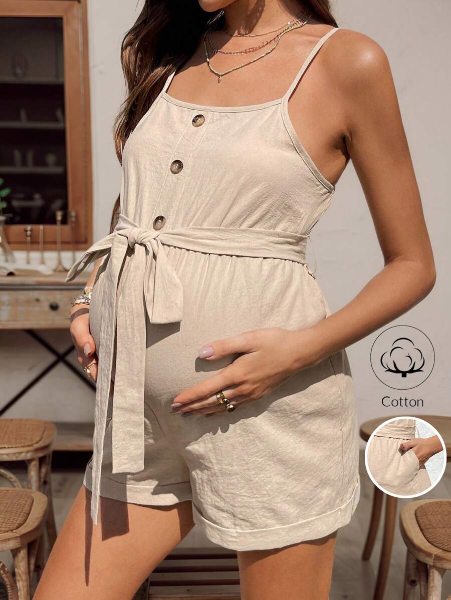 SHEIN Maternity Solid Color Button Design Pocket Casual Strap Romper - Khaki - View 1