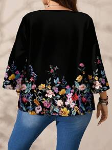 EMERY ROSE 加大码圆领 3/4 袖碎花深色衬衫，适合春夏季女士服装加大码加大码衬衫加大码女装加大码衬衫 - 彩色 - 查看 2