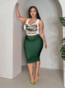 Veslaya 2pcs/Set Casual Retro Car Printed Plus Size Summer Outfit Suitable For Going Out - Dark Green - View 6