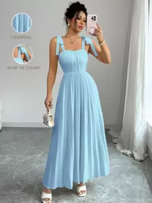 Elenzga Elegant Tie Bow Pleat Swing Women's Dress, Graceful Design For Spring & Summer - Blue - View 1