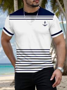Manfinity VCAY Men's Vacation Casual Colorblock Striped Anchor Printed T-Shirt