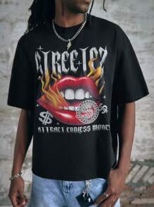 Manfinity NXTstreet Men's Slogan & Lips Graphic Round Neck Short Sleeve Casual T-Shirt - Black - View 4