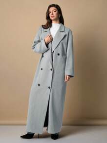 EURMUSE Cappotto casual lungo a doppiopetto con collo a bavero in colore unito, da donna, per l autunno/inverno - Grigio Chiaro - Visualizzare 6
