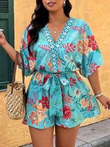 SHEIN Clasi 女士加大码 V 领宽松度假休闲连体衣 - 彩色 - 查看 5