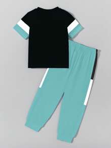 SHEIN Explorewe Young Boy Letter Print Contrast Color Short Sleeve T-Shirt And Pants Set - Multicolor - View 2